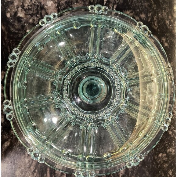 Vintage TurquoGlass Lidded Candy Dish With Decorative Beaded Edge & Knob Handle - Picture 2 of 3